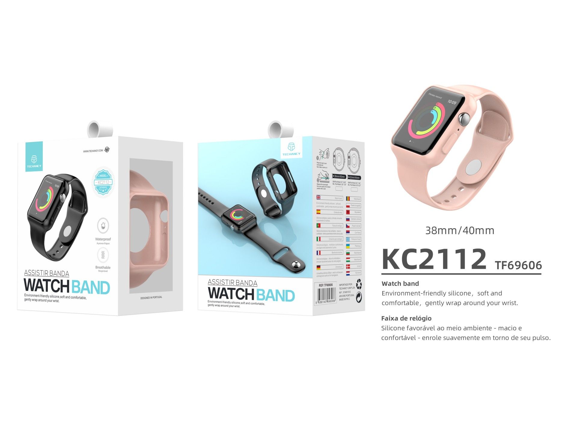 Pulseira para relógio totalmente adesiva Techancy, KC2112, compatível com Apple Watch 38-40 mm, rosa
