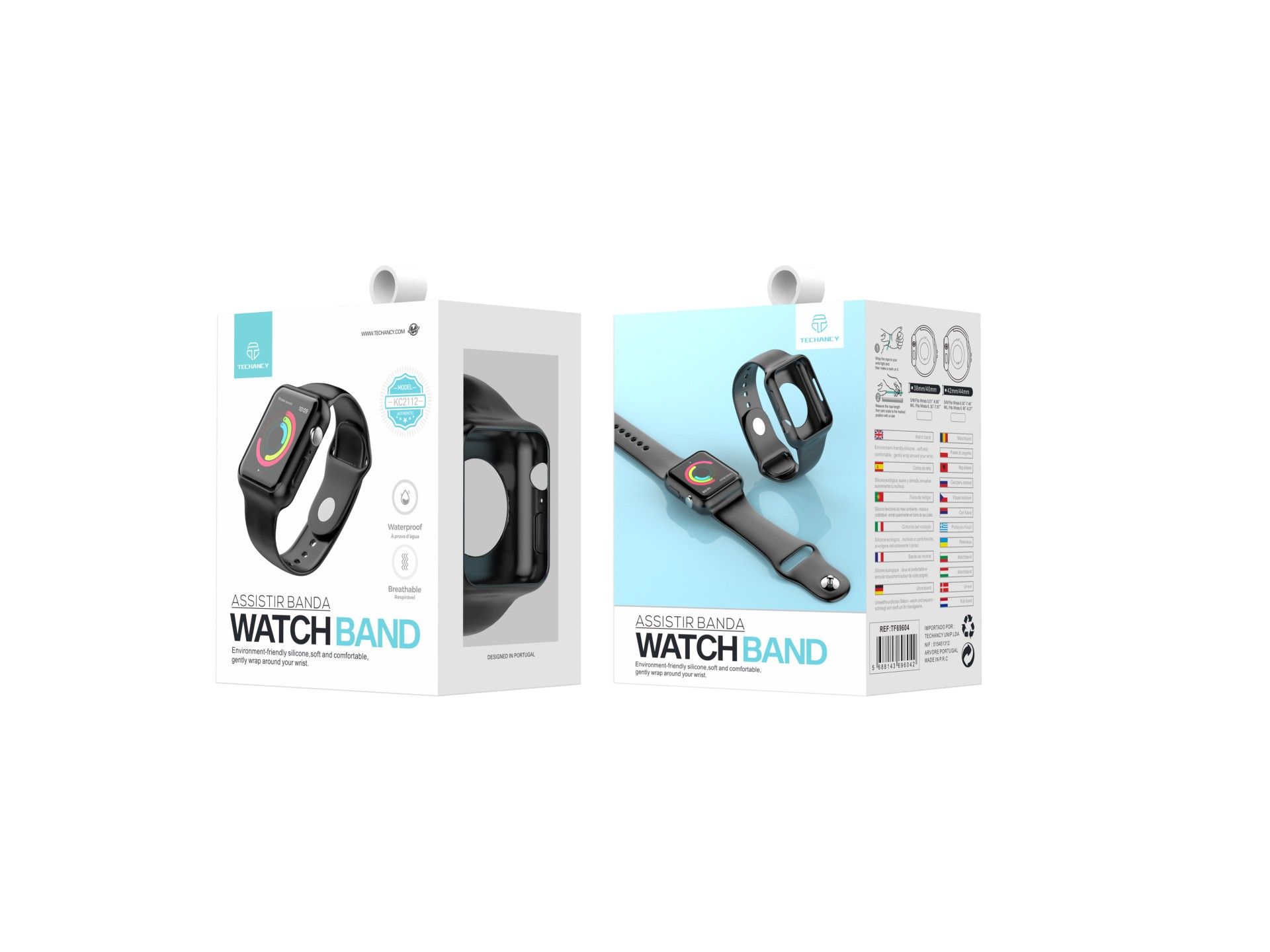 Fully adhesive watch band for Techancy watch, KC2112, compatible with Apple Watch 38-40 mm, Black