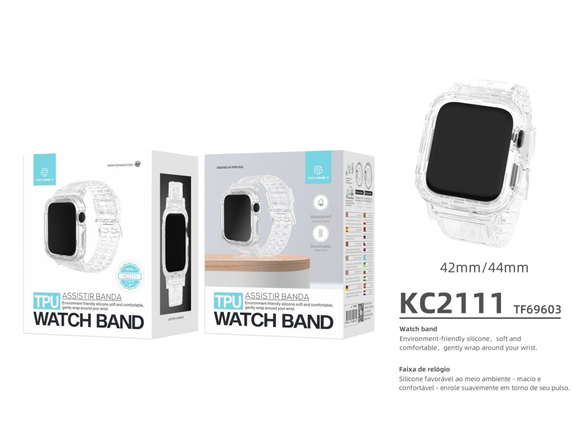 Pulseira de silicone para relógio Techancy, KC2111, compatível com Apple Watch 42-44 mm, cor transpa