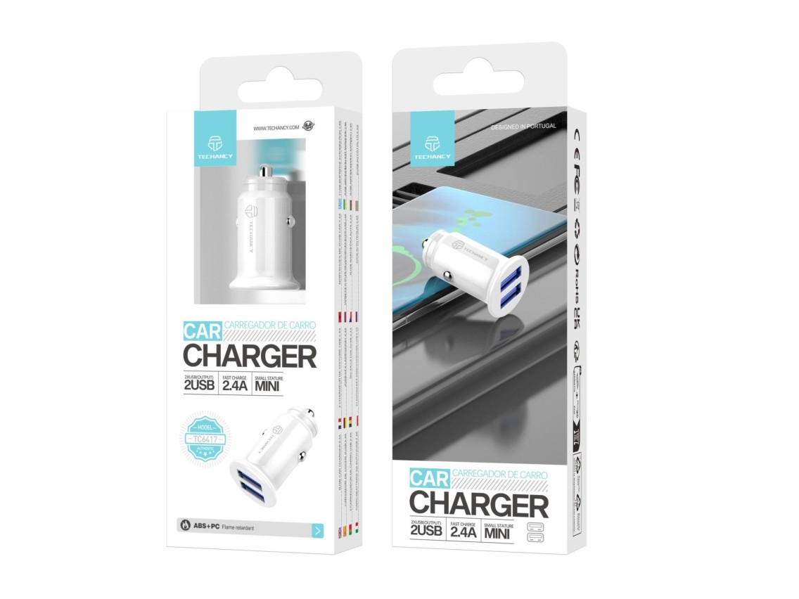 Techancy Carregador De Autom�vel Mini  TC6417, Carregamento 2usb 2.4A, Compat�vel Com Cami�es E Auto