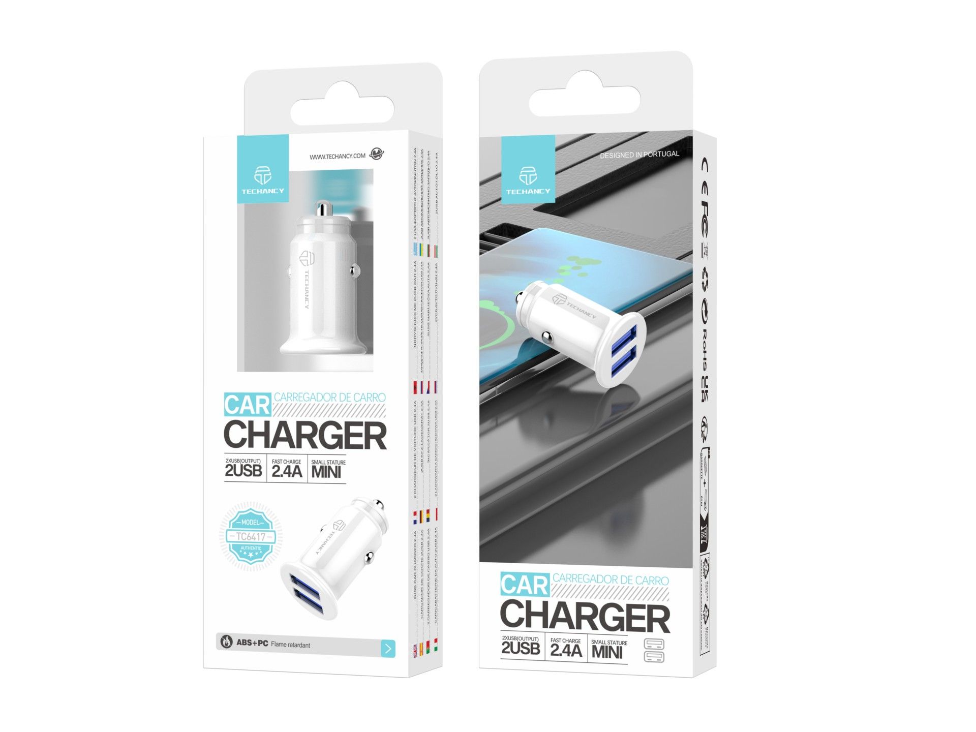 Techancy Carregador De Automóvel Mini TC6417, Carregamento 2usb 2.4A, Compatível Com Camiões E Auto