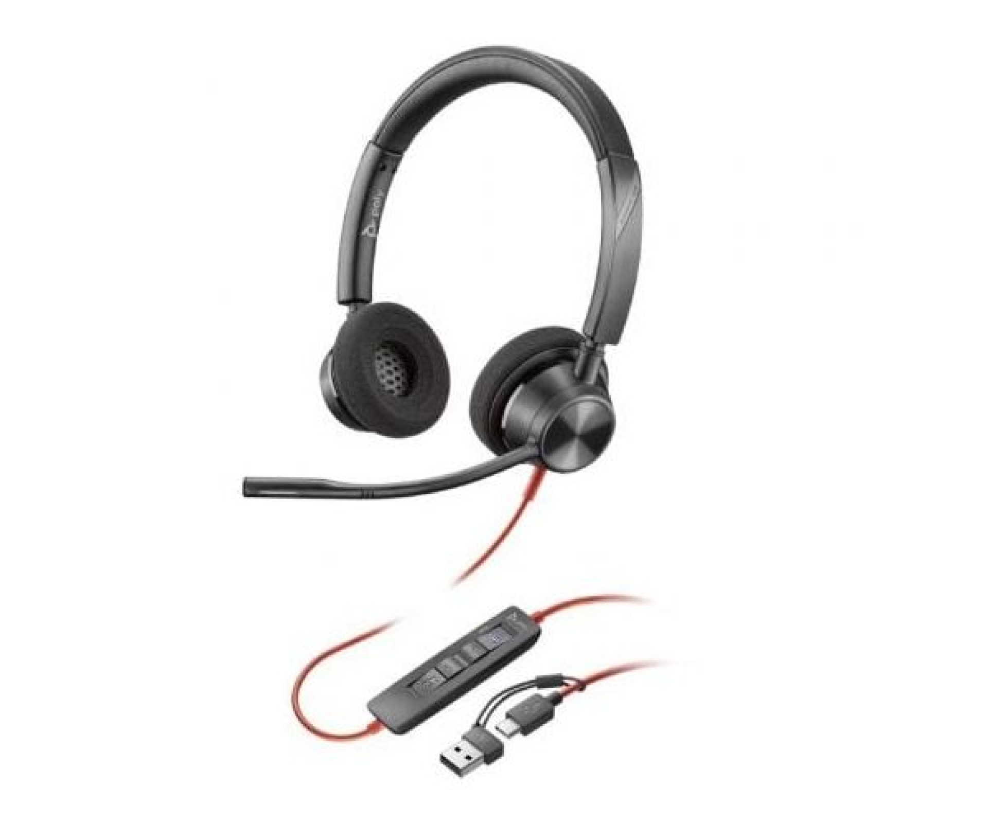 Fones de ouvido Poly Blackwire 3320 para Microsoft Teams, adaptador USB-C + USB-C/A com microfone, U