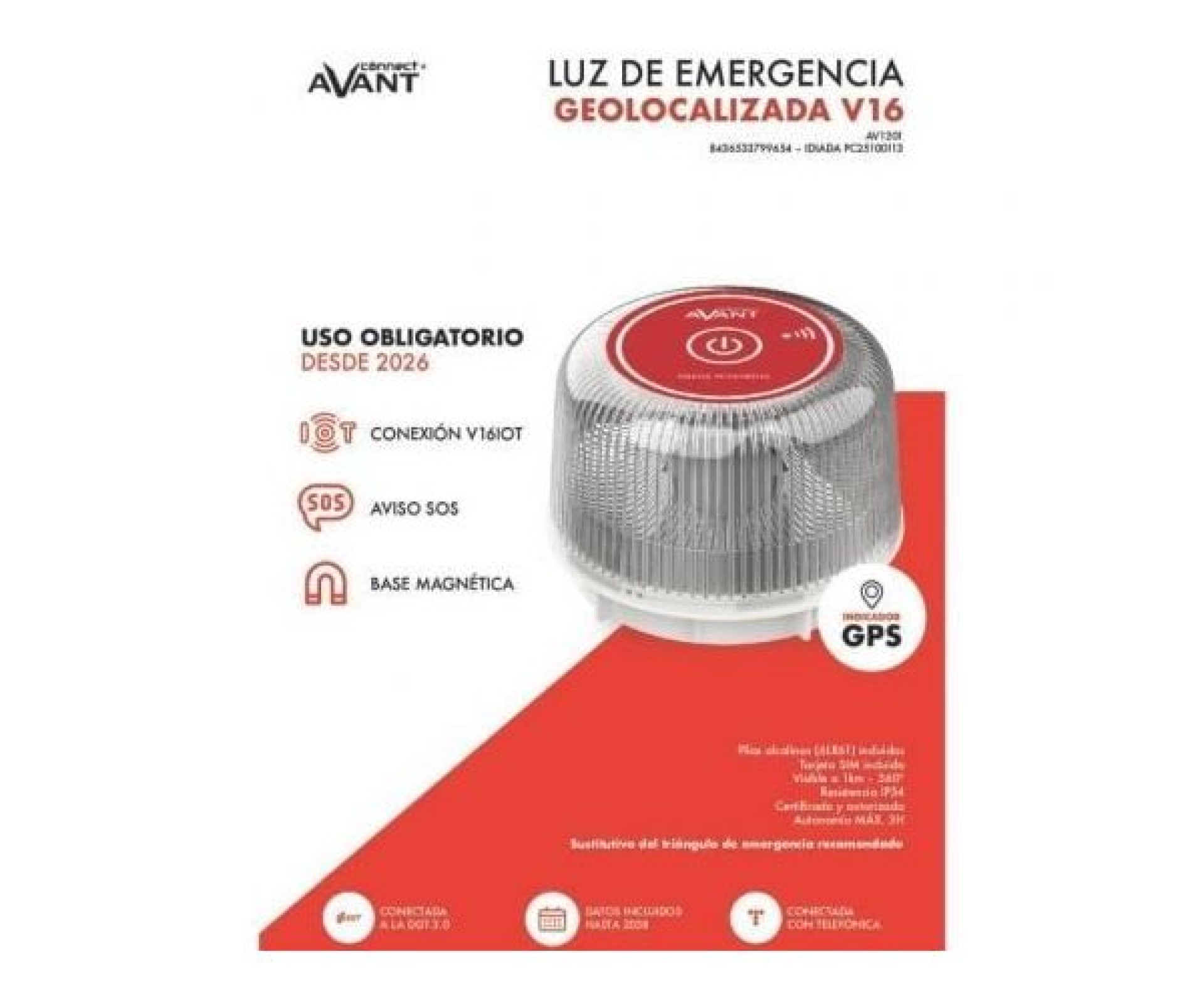 Luz de sinalização de emergência para carro Avant V16 Connected AV1201 / Homologada / Base magnética