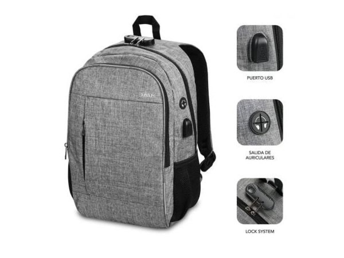 Subblim Urban Lock Backpack for Laptops up to 16" / USB Port / Anti-theft / Gray