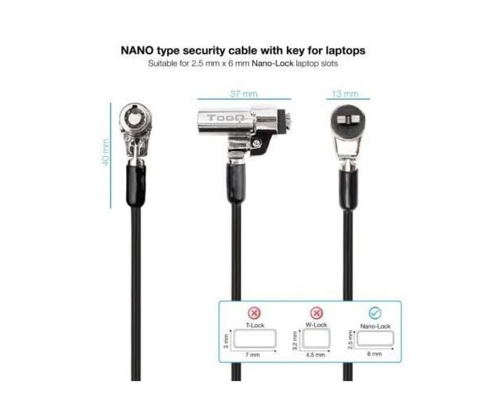 TooQ TQCLKC0045-G/ 1.5m Nano Type Security Cable for Laptops