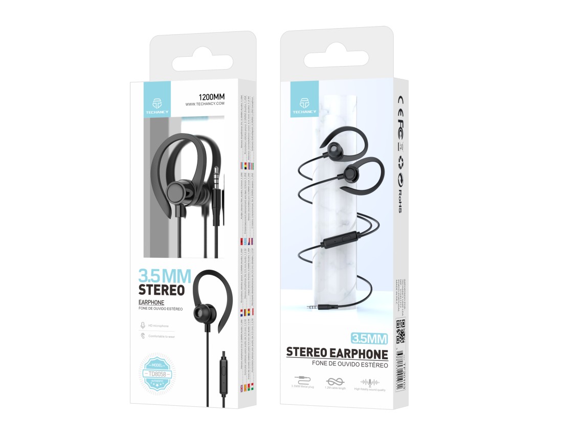 Techancy Auriculares stereo 3.5MM TD8058 cabo 1.2M com microfone confortavel som alta fidelidade Pre