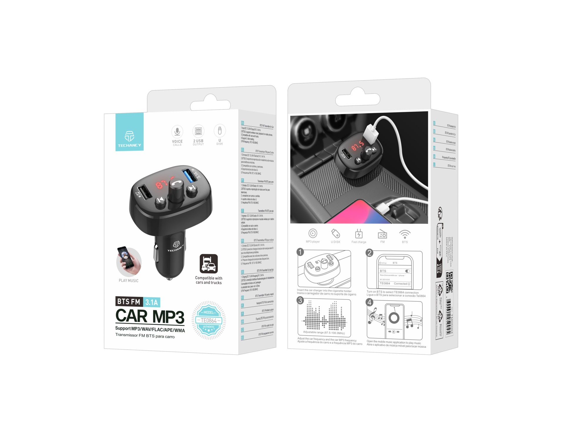 Techancy FM Car Transmitter Black TE0864, ??3.1a, 2 USB Ports, MP3 Player, Compatible with 12v-24v V
