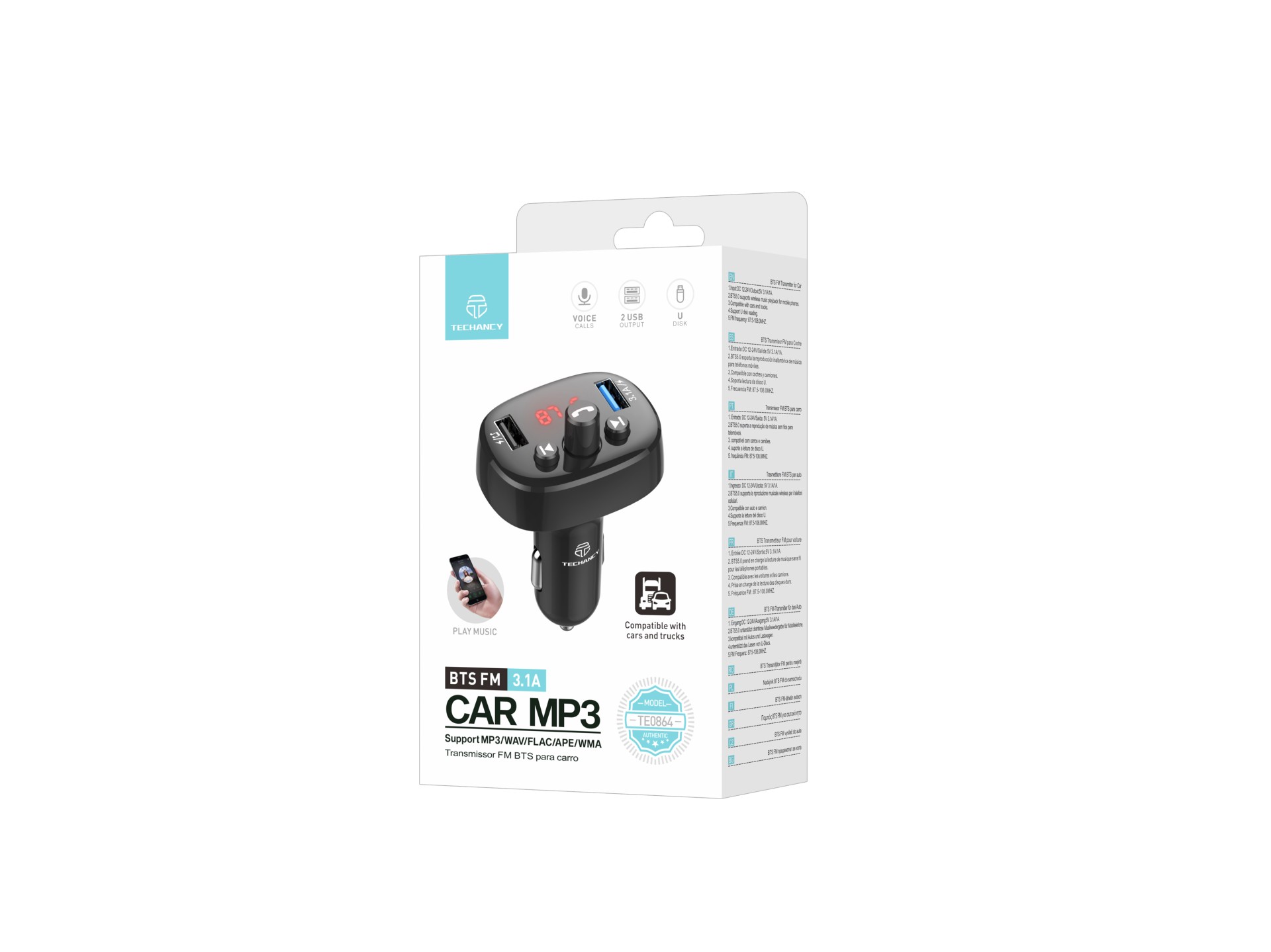 Techancy FM Car Transmitter Black TE0864, ??3.1a, 2 USB Ports, MP3 Player, Compatible with 12v-24v V