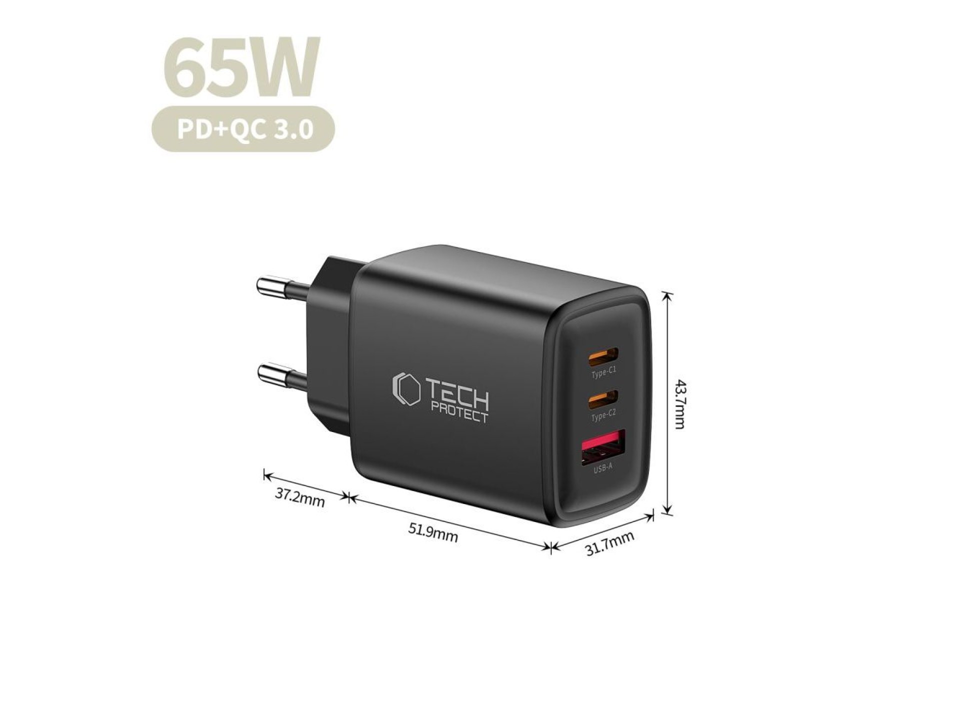 Tech-Protect NCA65W-GAN 3-Port 65W Wall Charger - Black