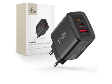Tech-Protect NCA65W-GAN 3-Port 65W Wall Charger - Black Tech-Protect NCA65W-GAN 3-Port 65W Wall Charger - Black