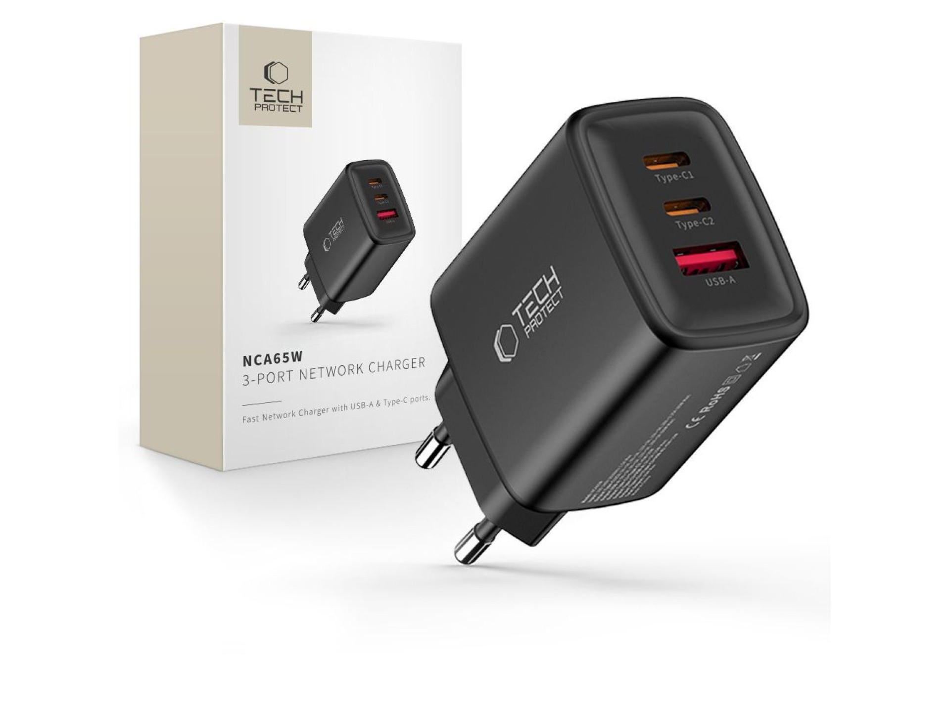 Tech-Protect NCA65W-GAN 3-Port 65W Wall Charger - Black