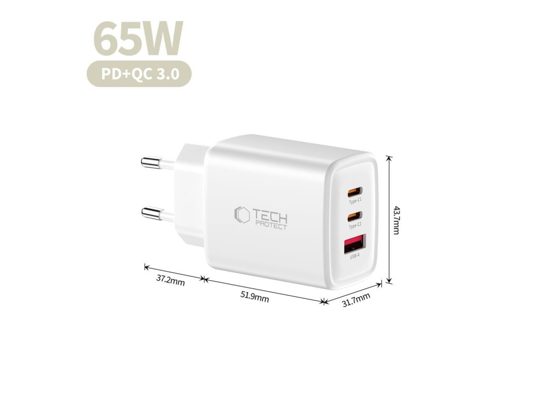 Carregador de parede Tech-Protect NCA65W-GAN de 3 portas e 65 W - Branco