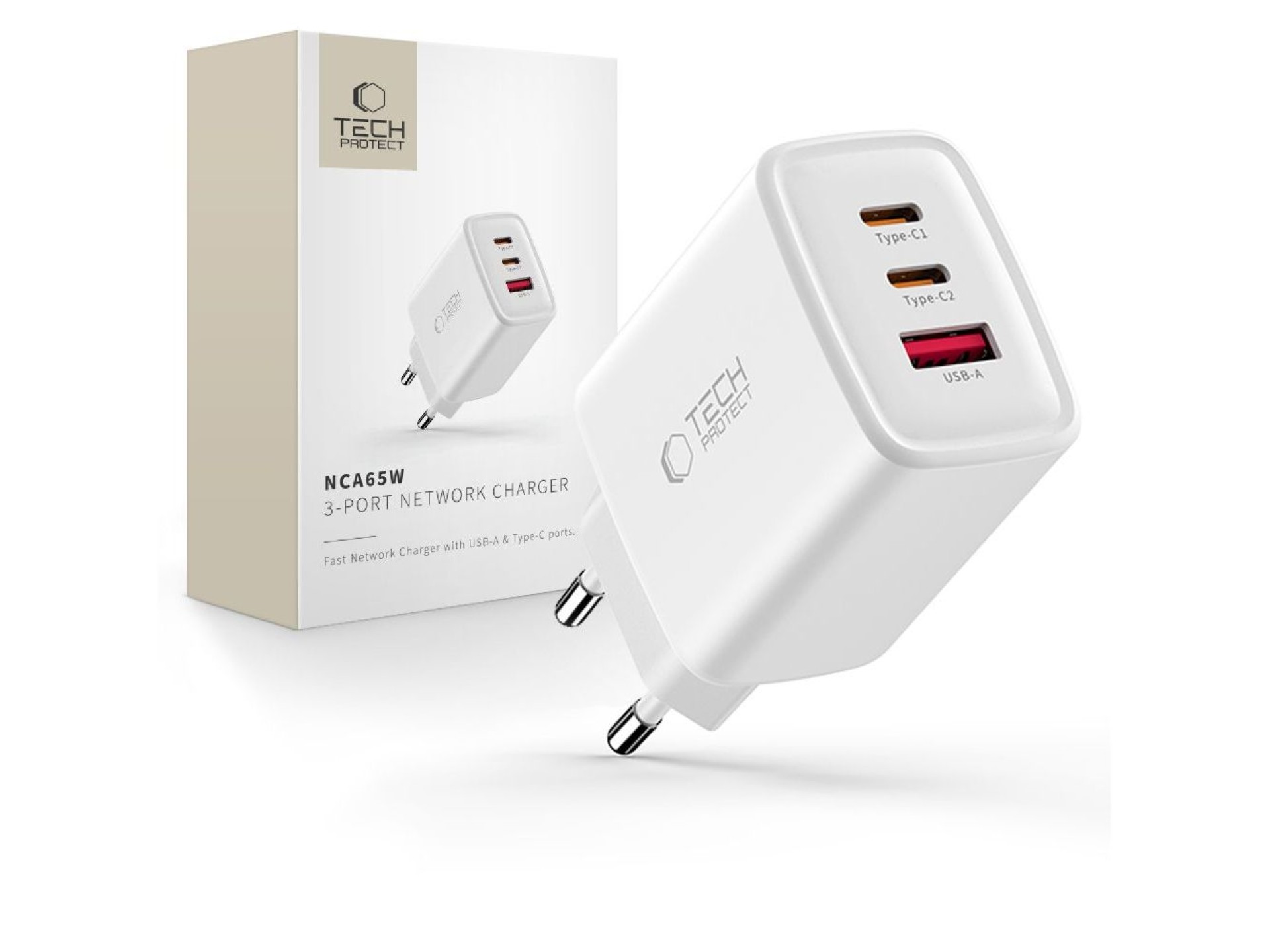 Carregador de parede Tech-Protect NCA65W-GAN de 3 portas e 65 W - Branco
