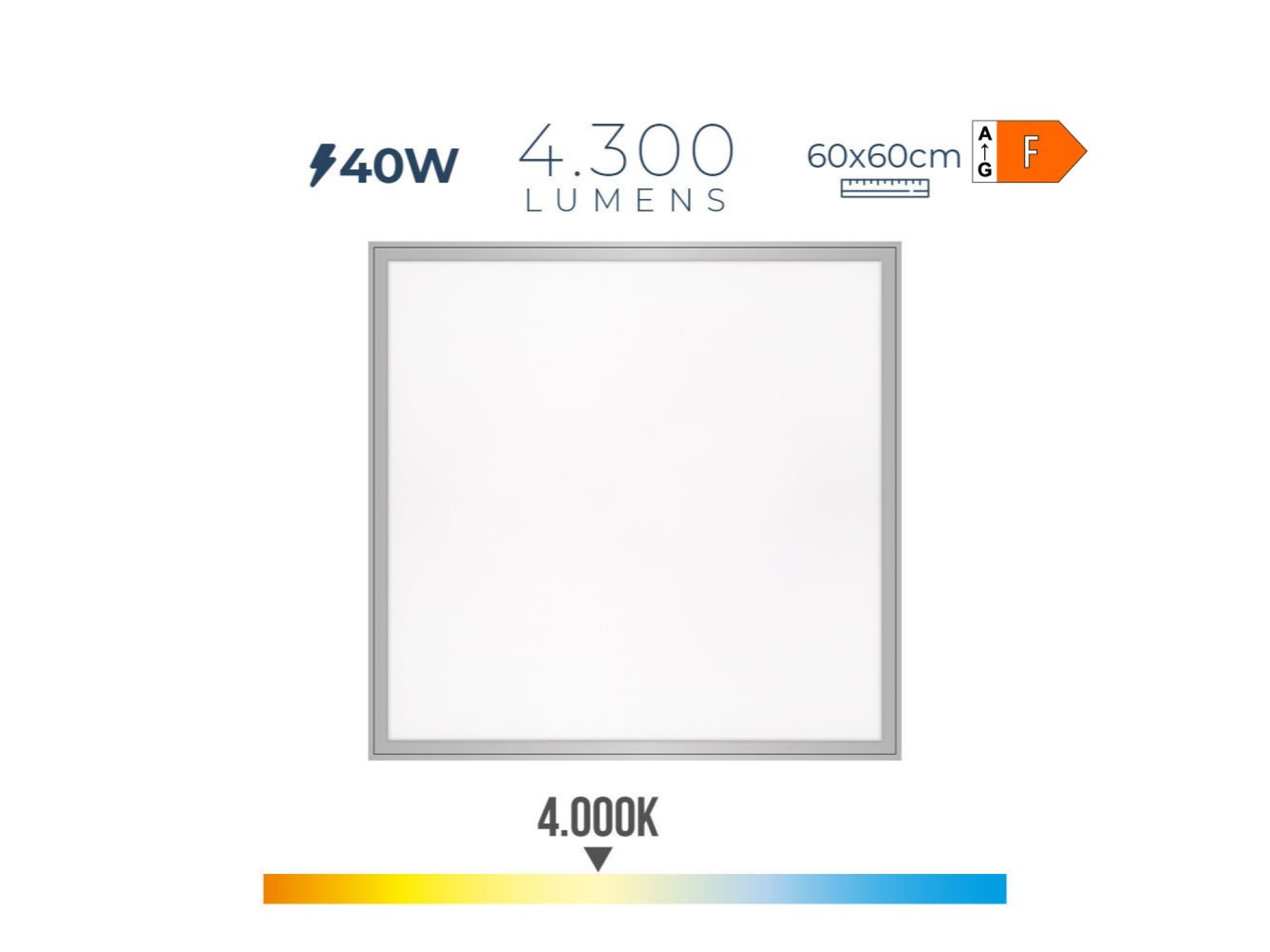 Panel led 40 w 4000 k 4300 lm luz dia 59,5 x 59,5 x 3,5 cm