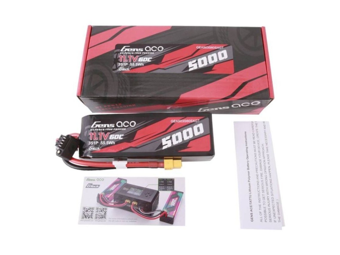 Bateria LiPo Gens ace G-Tech 5000mAh 11.1V 60C 3S1P de tamanho curto com conector XT60