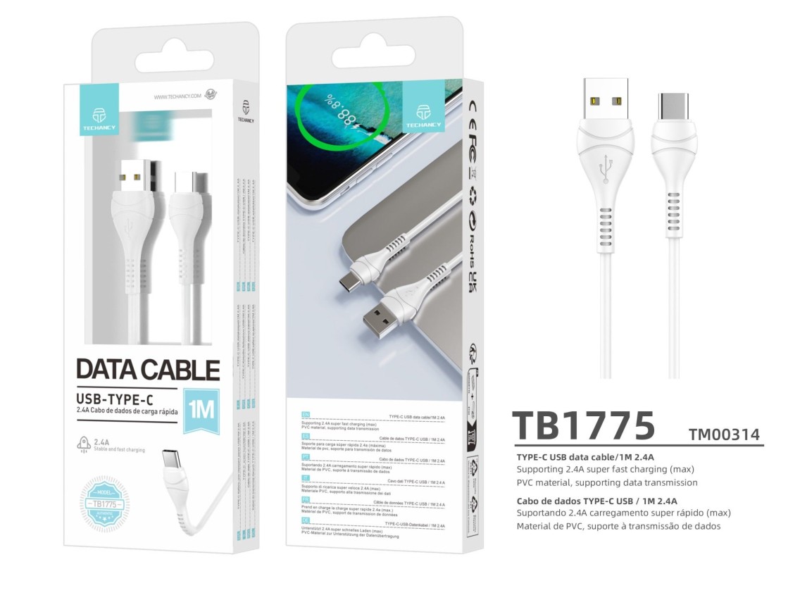 Cable de datos USB tipo C Techancy, blanco, 1 m, TB1775, carga rápida de 2,4 A, compatible con trans