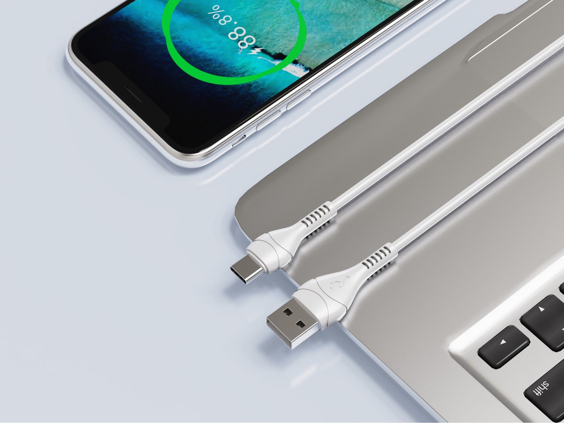Cable de datos USB tipo C Techancy, blanco, 1 m, TB1775, carga rápida de 2,4 A, compatible con trans