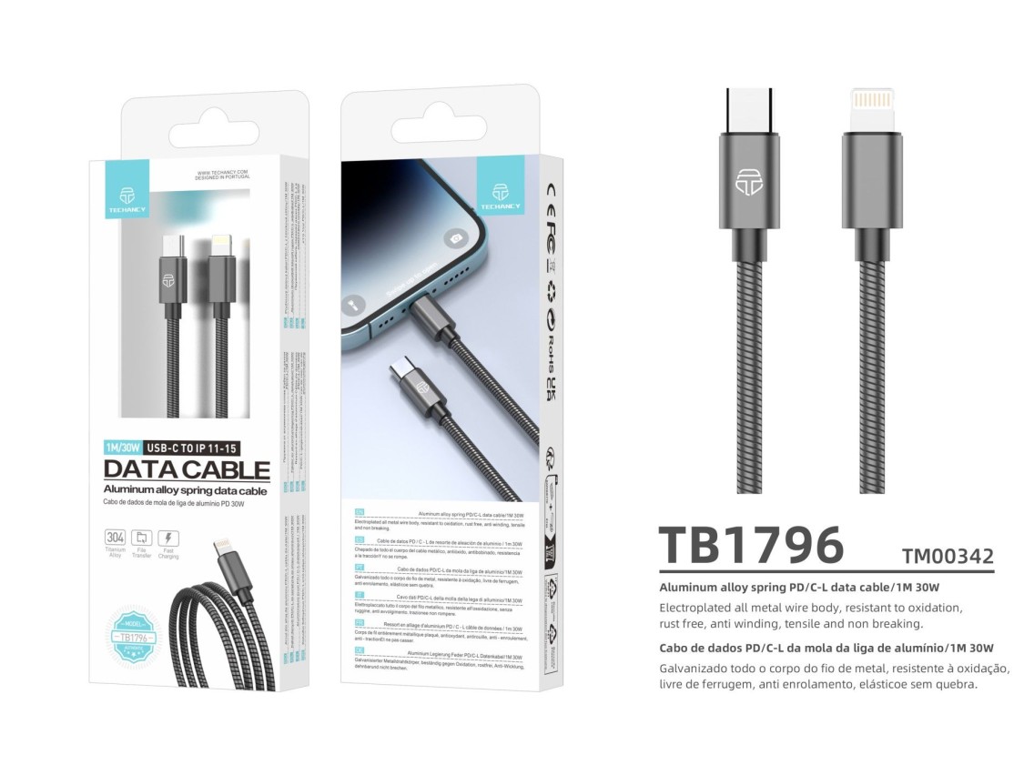 Techancy Cabo Usb C Para Lightning 1m TB1796, Design Totalmente Metálico, Resistente A Animais, Carr