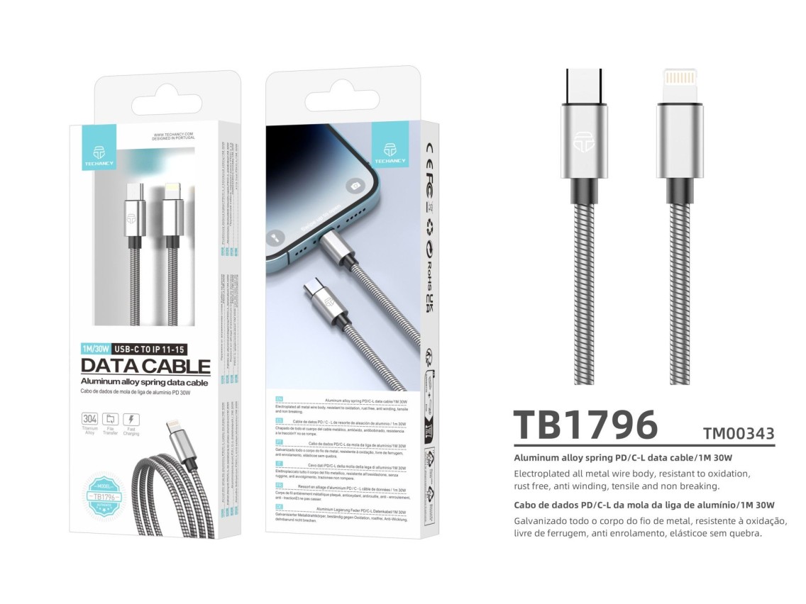 Techancy Cabo Usb C Para Lightning 1m TB1796, Design Totalmente Met�lico, Resistente A Animais, Carr