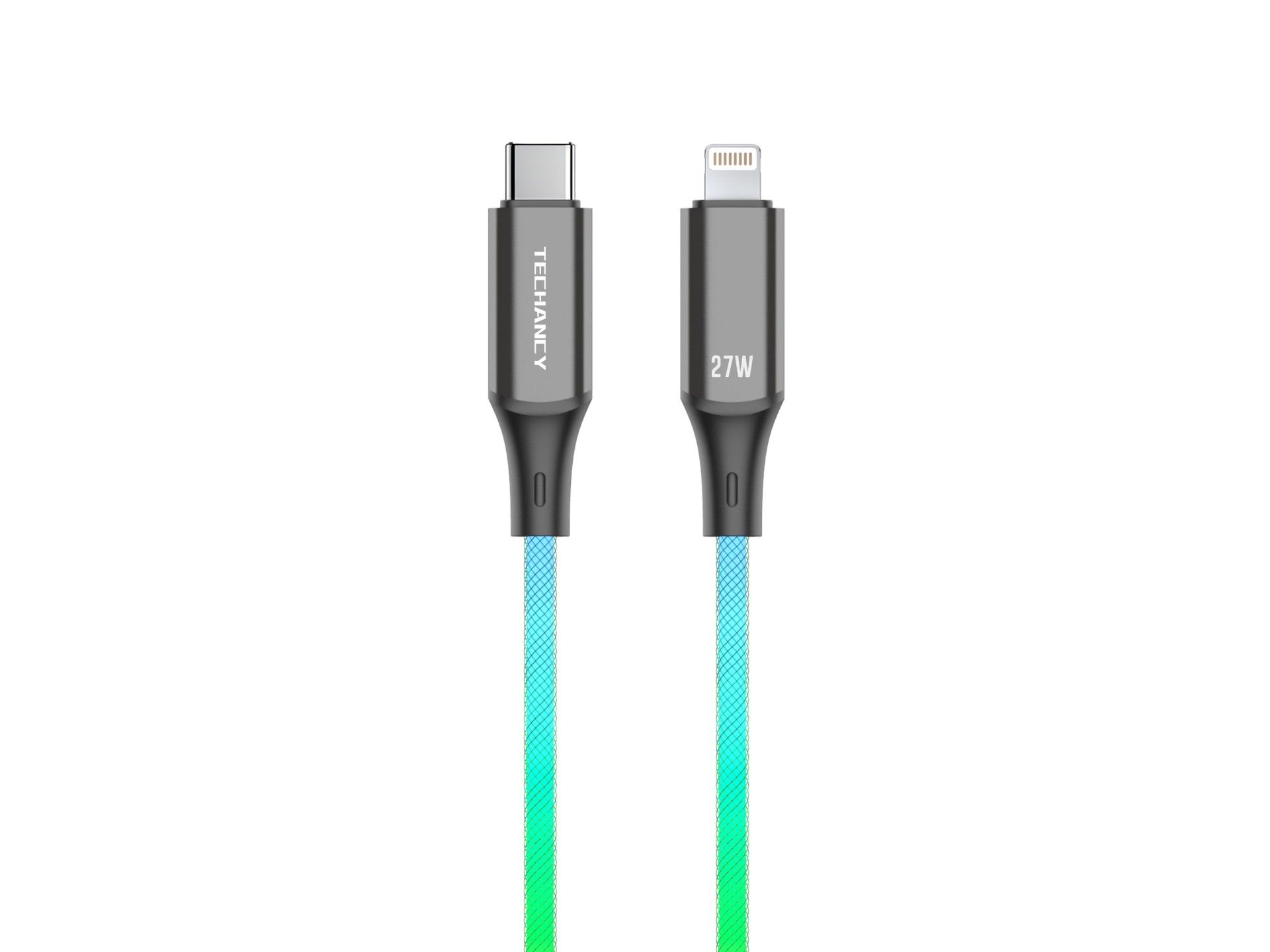 Techancy 1m Data Cable TB1799, USB-C to IP11-14, RGB Lighting Effects, 27W Fast Charging.