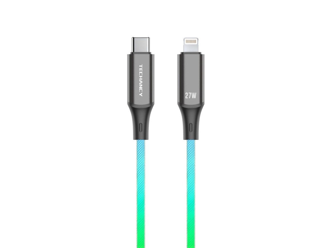 Techancy 1m Data Cable TB1799, USB-C to IP11-14, RGB Lighting Effects, 27W Fast Charging.