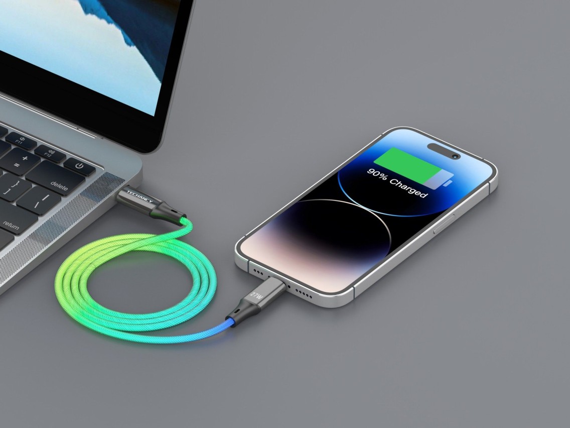 Techancy 1m Data Cable TB1799, USB-C to IP11-14, RGB Lighting Effects, 27W Fast Charging.