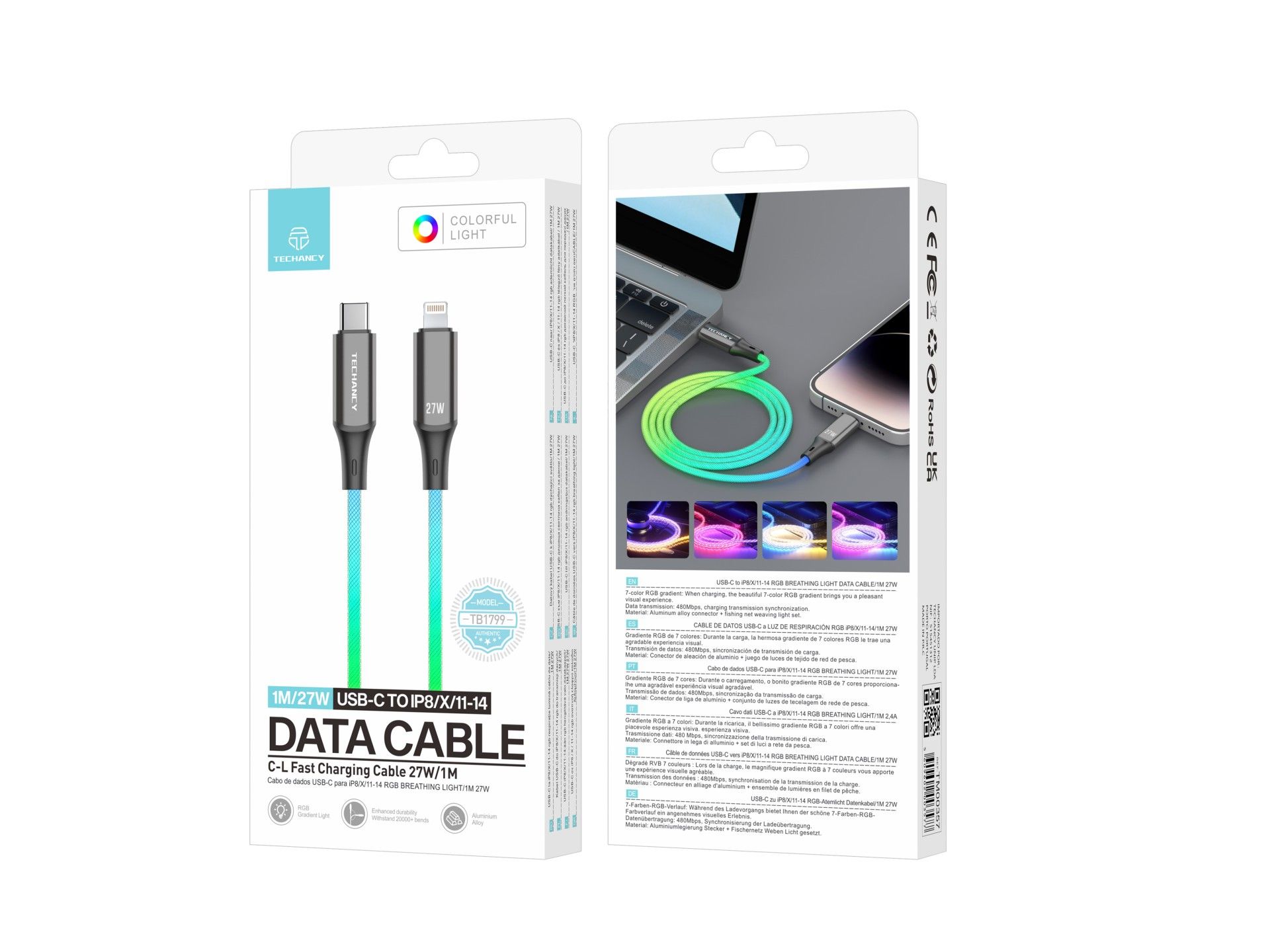 Techancy 1m Data Cable TB1799, USB-C to IP11-14, RGB Lighting Effects, 27W Fast Charging.