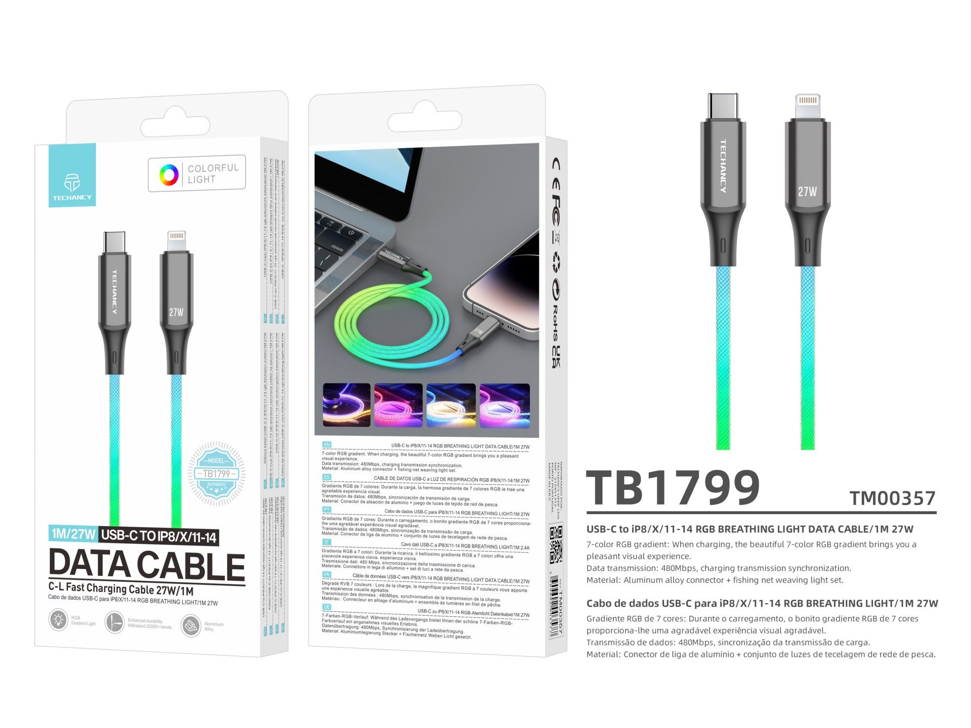 Techancy 1m Data Cable TB1799, USB-C to IP11-14, RGB Lighting Effects, 27W Fast Charging.