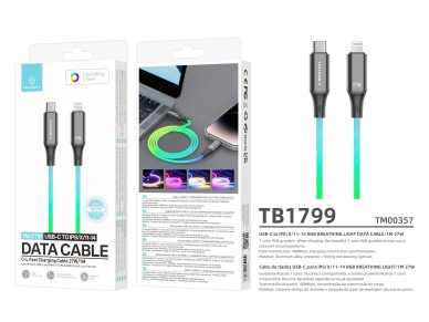 Techancy 1m Data Cable TB1799, USB-C to IP11-14, RGB Lighting Effects, 27W Fast Charging.