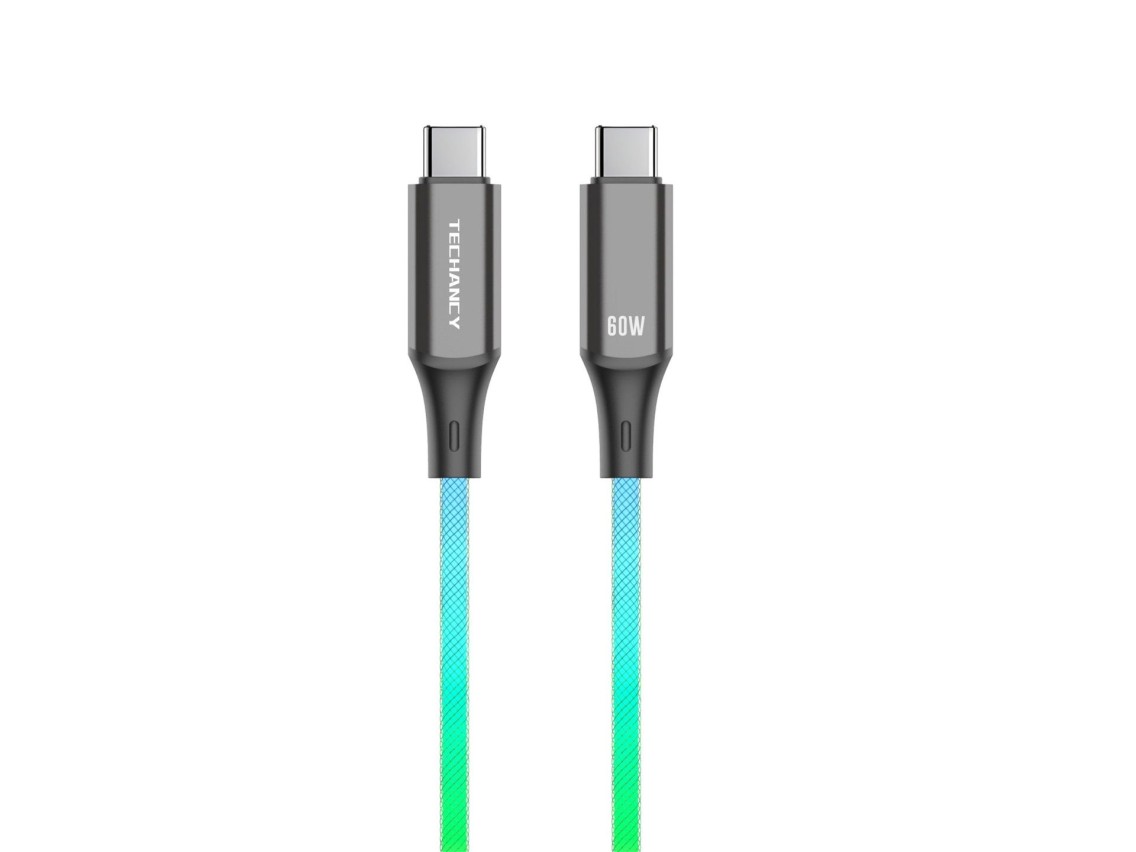 Techancy Cabo De Dados De 1m TB1799, Usb-C Para Usb-C, Efeitos De Iluminação Rgb, Carregamento Rápid