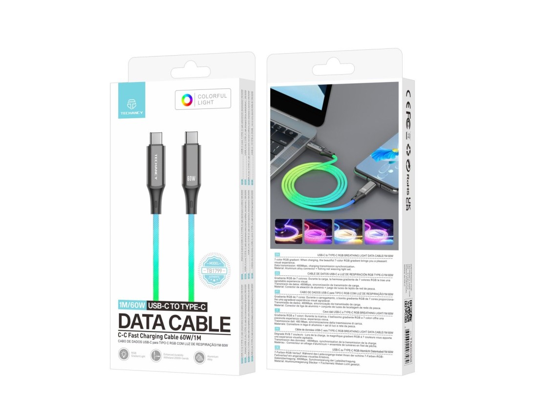 Techancy Cabo De Dados De 1m TB1799, Usb-C Para Usb-C, Efeitos De Iluminação Rgb, Carregamento Rápid