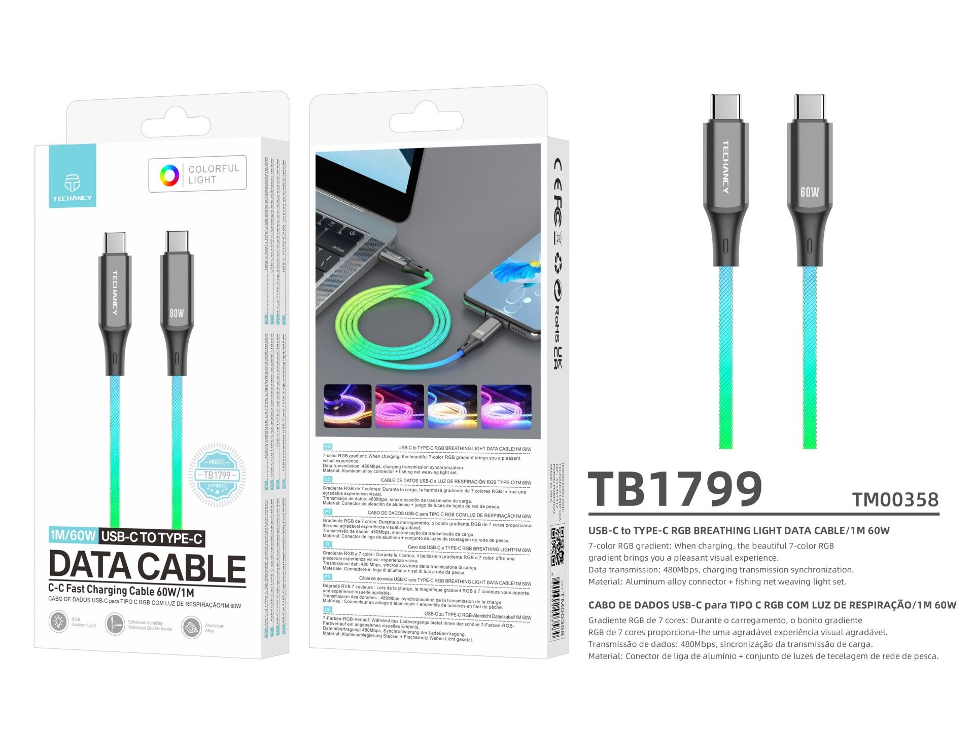 Techancy Cabo De Dados De 1m TB1799, Usb-C Para Usb-C, Efeitos De Iluminação Rgb, Carregamento Rápid