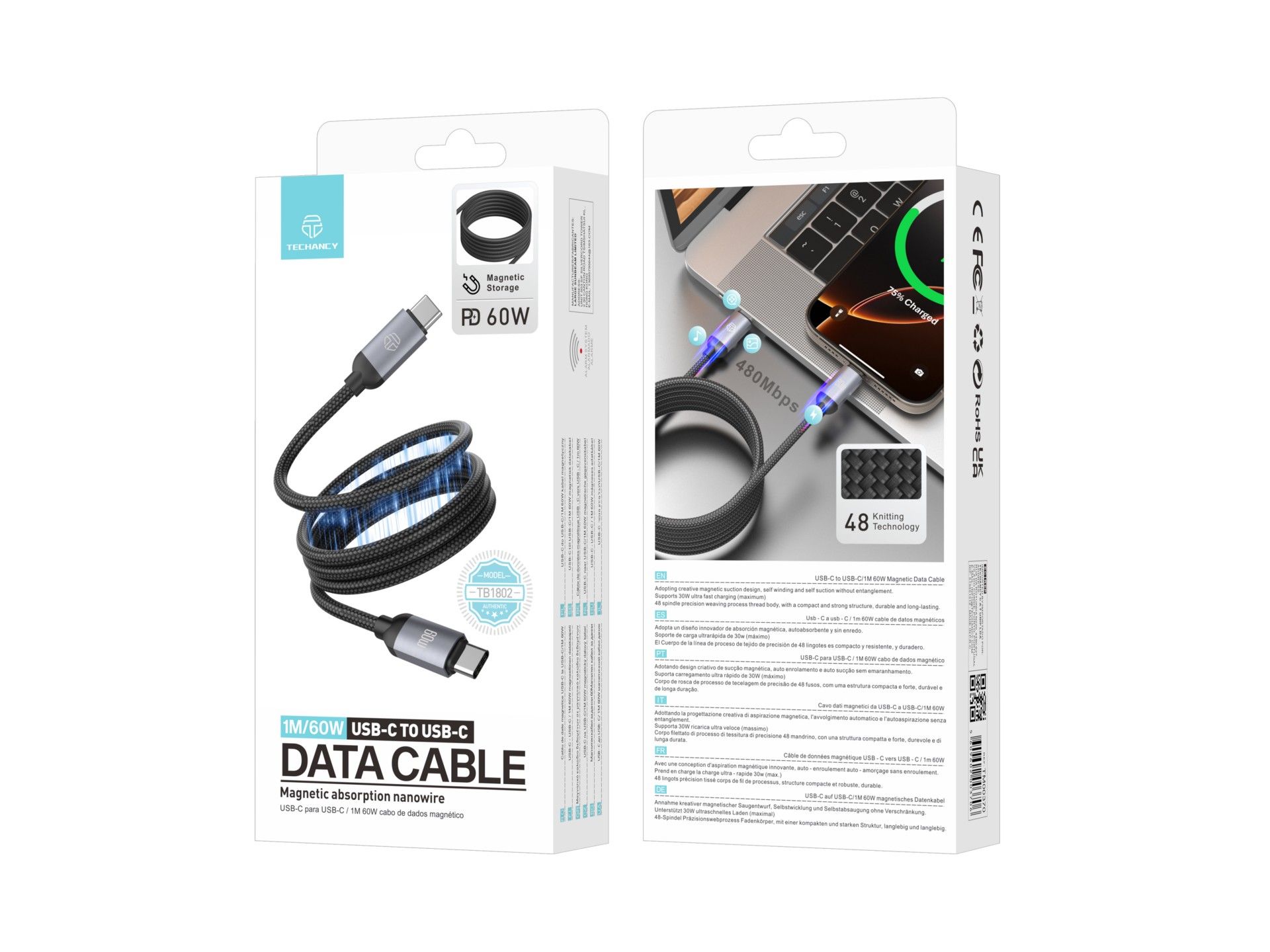 Techancy TB1802 USB-C to USB-C Magnetic Cable 1M 60W PD supports 30W charging and 480Mbps data trans