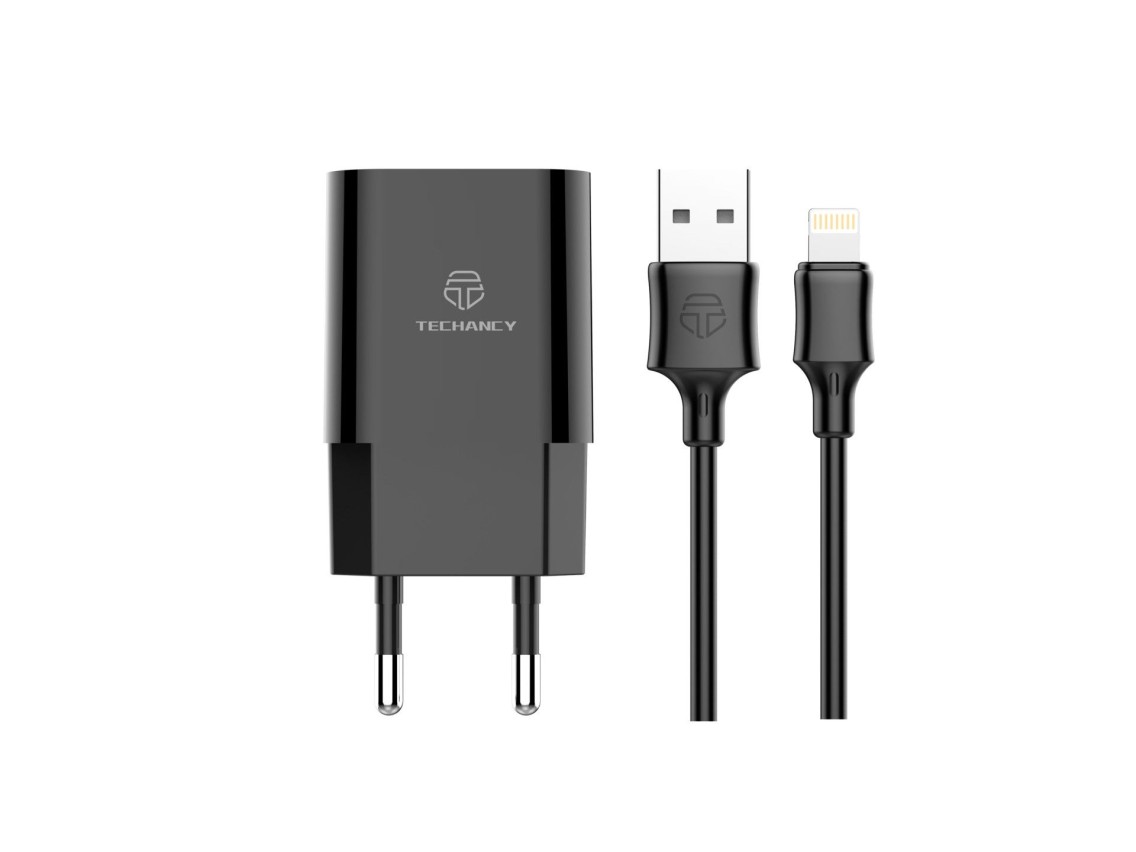 Techancy TA2790 Black 2-USB Wall Charger, 5V-2.4A Charging, 1m Lightning Cable Set, Compatible with