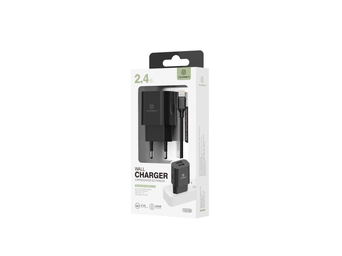 Techancy TA2790 Black 2-USB Wall Charger, 5V-2.4A Charging, 1m Lightning Cable Set, Compatible with