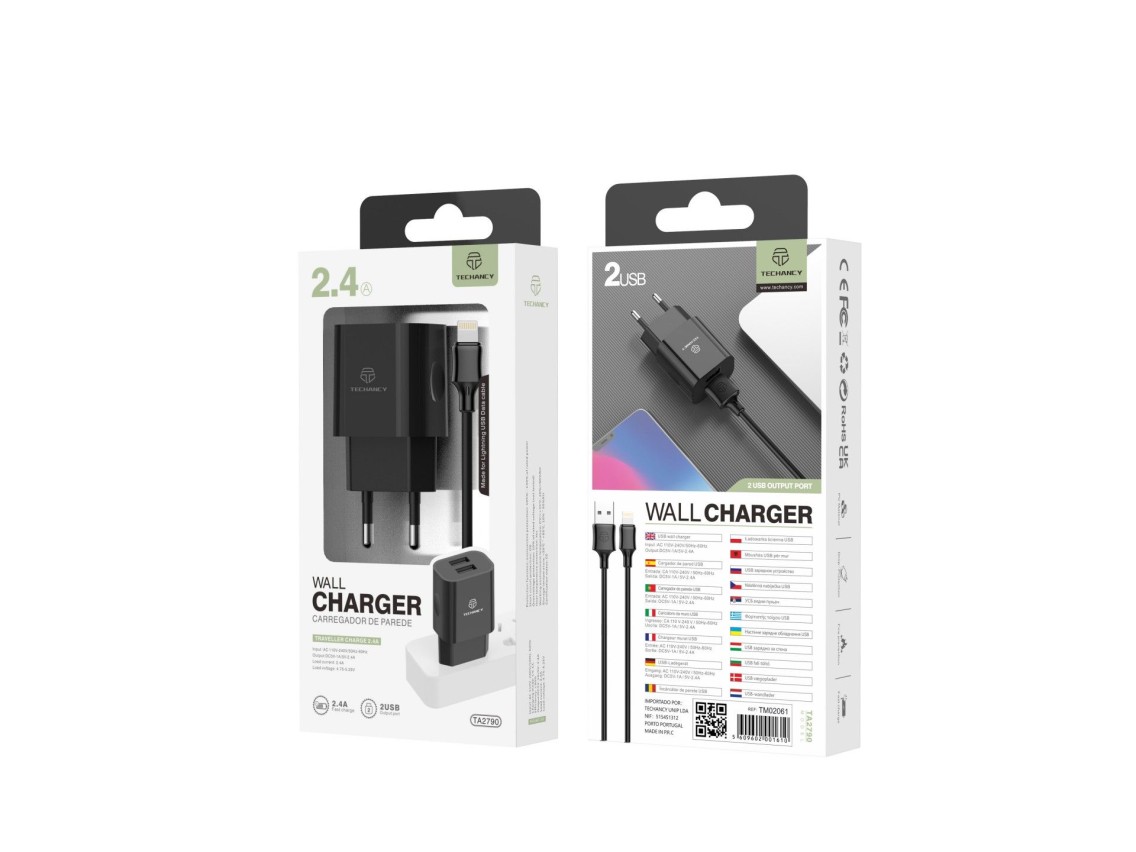 Techancy TA2790 Black 2-USB Wall Charger, 5V-2.4A Charging, 1m Lightning Cable Set, Compatible with