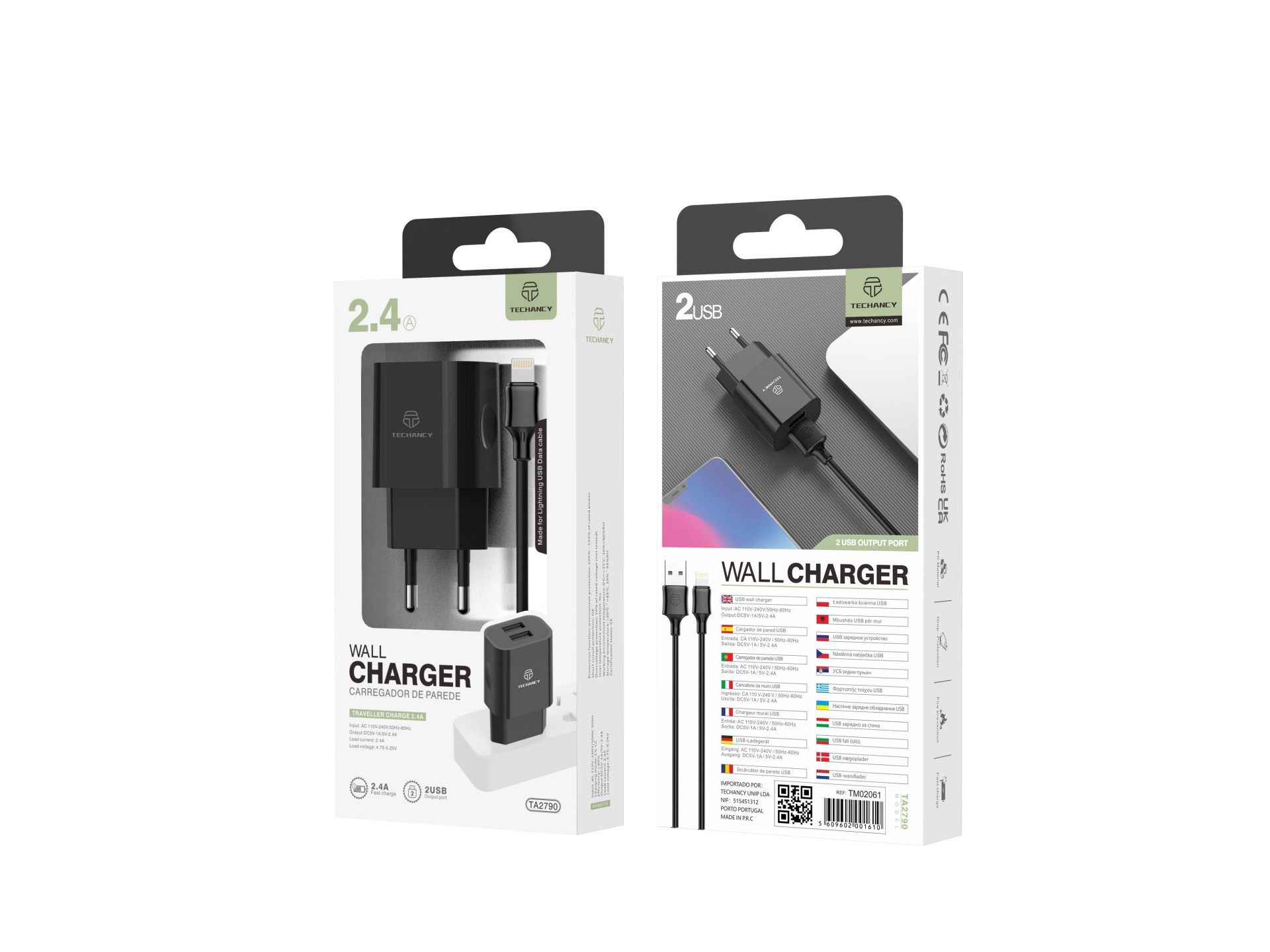 Techancy TA2790 Black 2-USB Wall Charger, 5V-2.4A Charging, 1m Lightning Cable Set, Compatible with