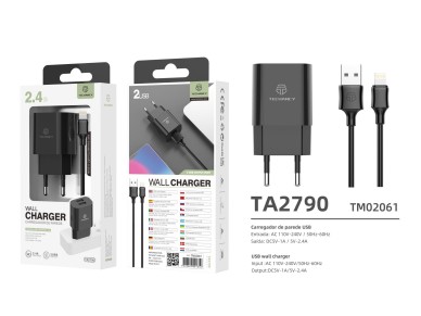 Techancy Carregador De Parede 2usb Preto TA2790, Carregamento 5V-2,4A, Conjunto De Cabos Lightning 1
