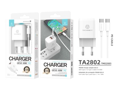 Cargador Techancy TA2802 blanco de 20 W con compatibilidad con PD y QC3.0 y cable USB-C blanco de 1 