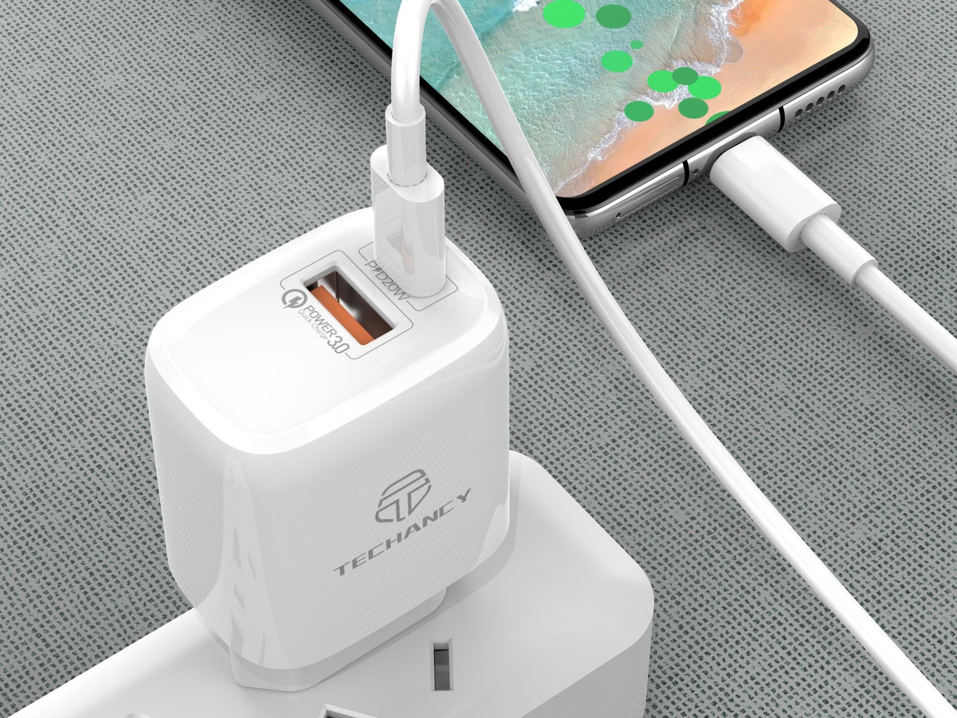 Cargador Techancy TA2802 blanco de 20 W con compatibilidad con PD y QC3.0 y cable USB-C blanco de 1