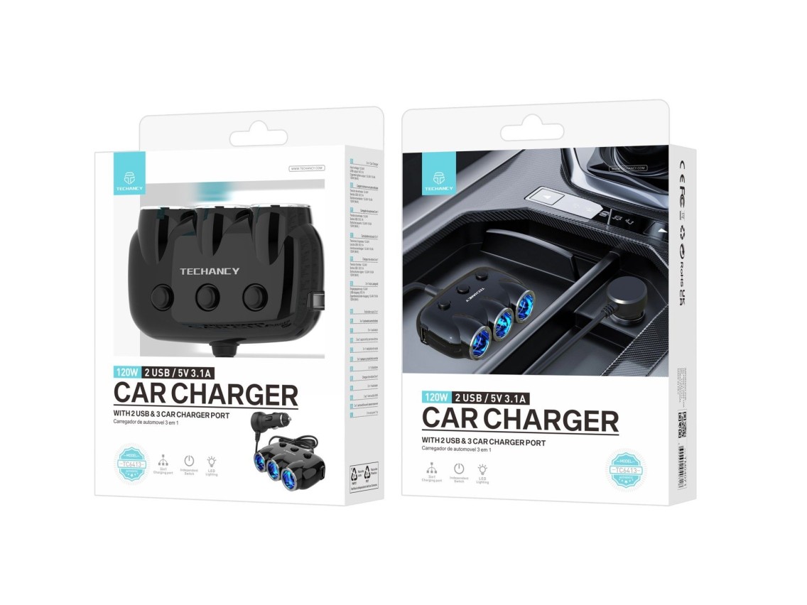 Techancy Carregador De Automóvel 3 Em 1 Preto TC6413, Entrada 12-24v, Saída 10-12a 120w, Parceiro El