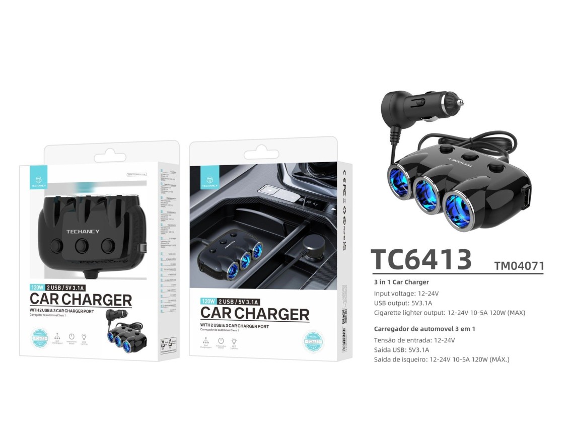 Techancy Carregador De Automóvel 3 Em 1 Preto TC6413, Entrada 12-24v, Saída 10-12a 120w, Parceiro El