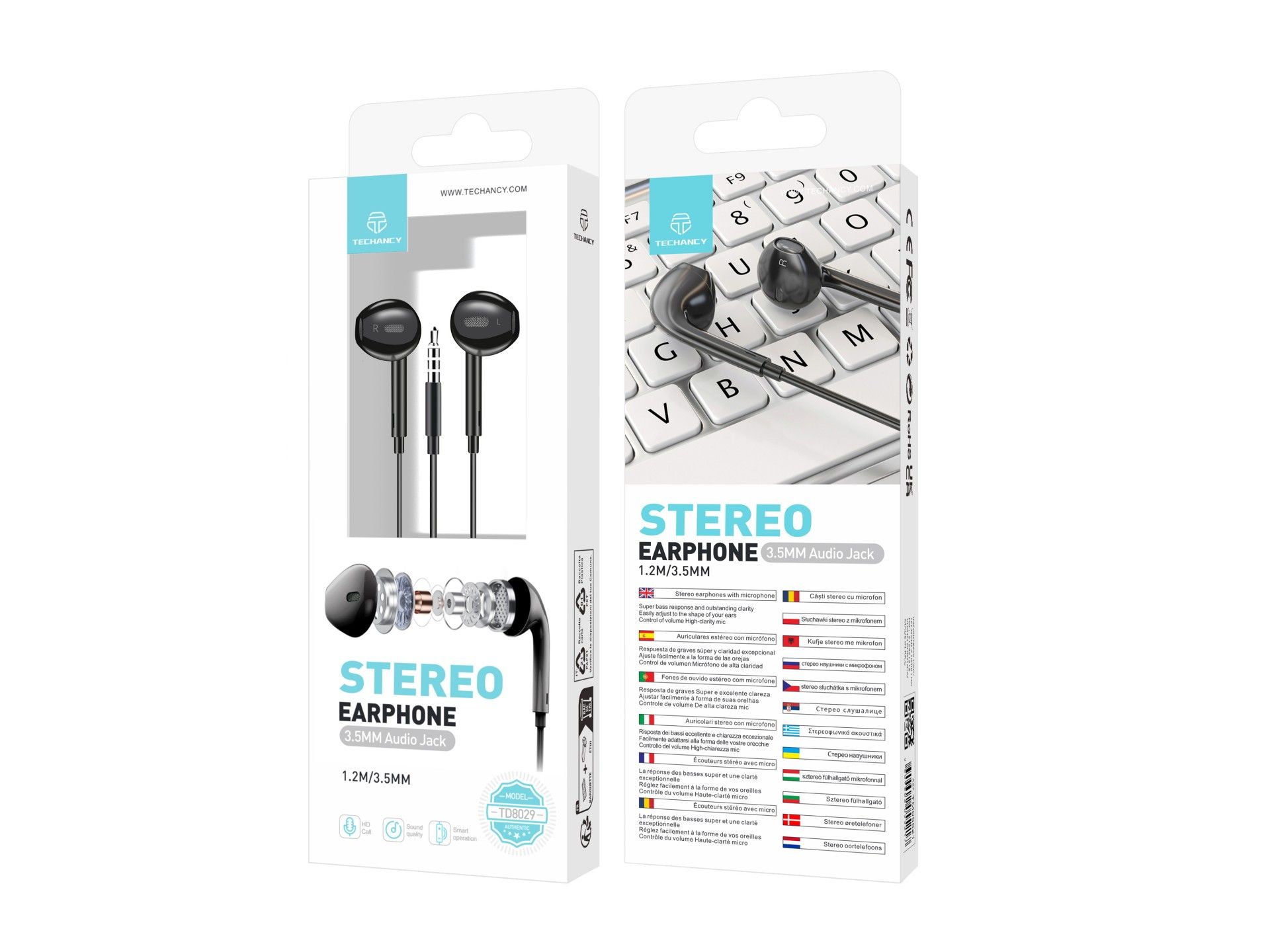 Techancy Auscultadores Intra-Auriculares Pretos 1,2 M TD8029, Com Controlo De Volume Do Microfone, C