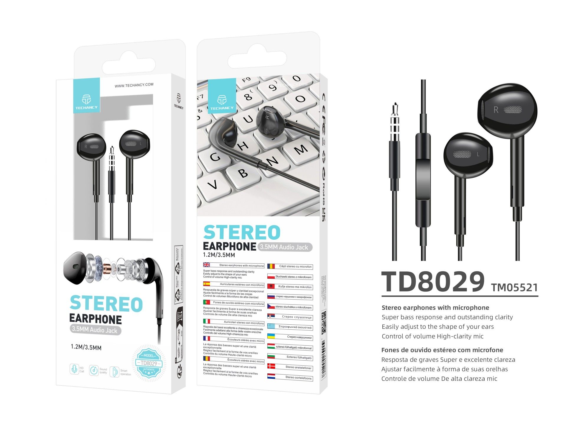 Techancy Auscultadores Intra-Auriculares Pretos 1,2 M TD8029, Com Controlo De Volume Do Microfone, C