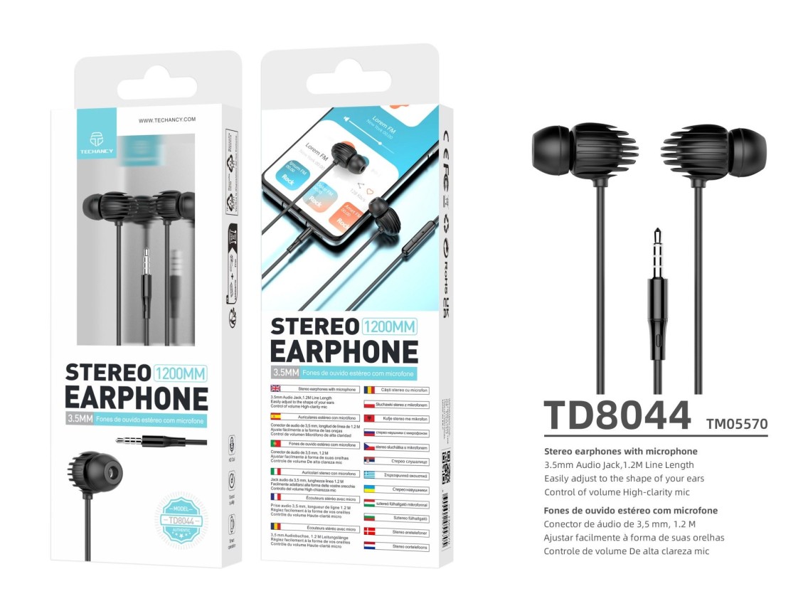 Techancy Auricular Com Fio Preto TD8044, 3,5 Mm Com Microfone, Compatível Com Som Estéreo Para Jogos