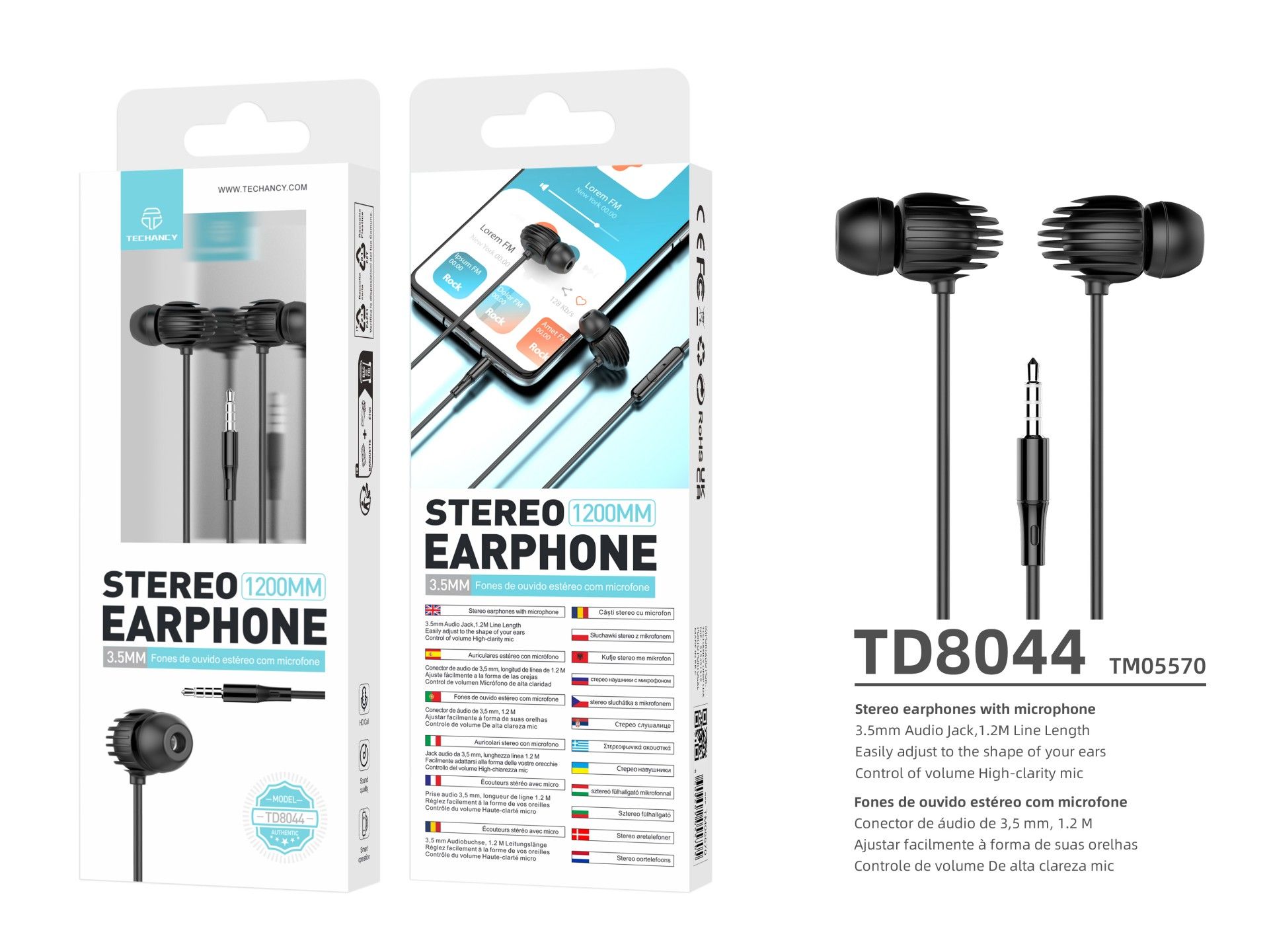 Techancy Auricular Com Fio Preto TD8044, 3,5 Mm Com Microfone, Compatível Com Som Estéreo Para Jogos