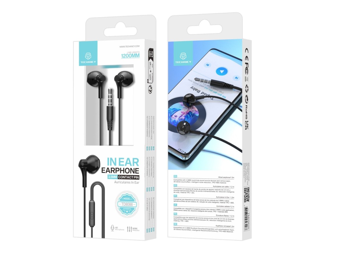 Techancy TD8088 Black In-Ear Headphones, 1.2 Meter Range, 3.5mm Jack, with Microphone, 3D Stereo Sou