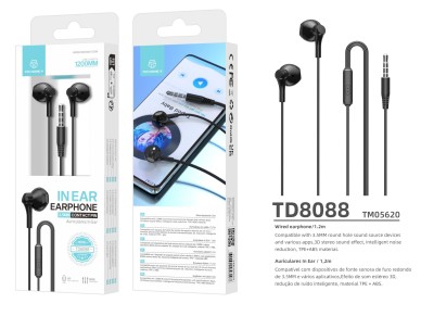 Techancy TD8088 Black In-Ear Headphones, 1.2 Meter Range, 3.5mm Jack, with Microphone, 3D Stereo Sou Techancy TD8088 Black In-Ear Headphones, 1.2 Meter Range, 3.5mm Jack, with Microphone, 3D Stereo Sou