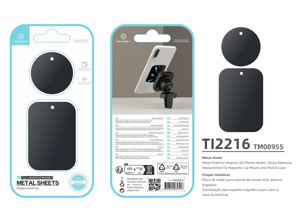 Techancy Adesivo Metálico Para Telemóveis Ti2216 Preto Para Suportes Magnéticos De Telemóveis E Capa