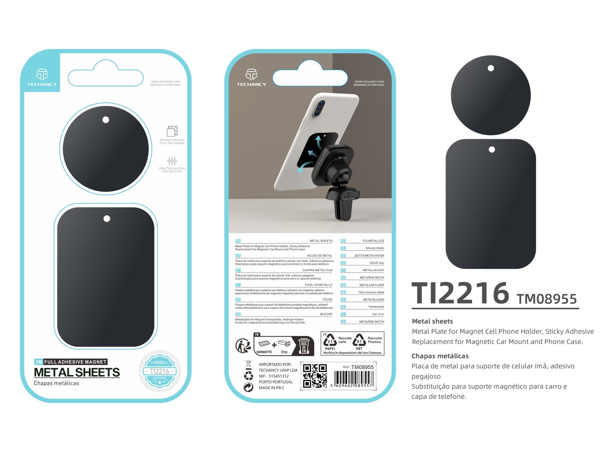 Techancy Adesivo Metálico Para Telemóveis Ti2216 Preto Para Suportes Magnéticos De Telemóveis E Capa
